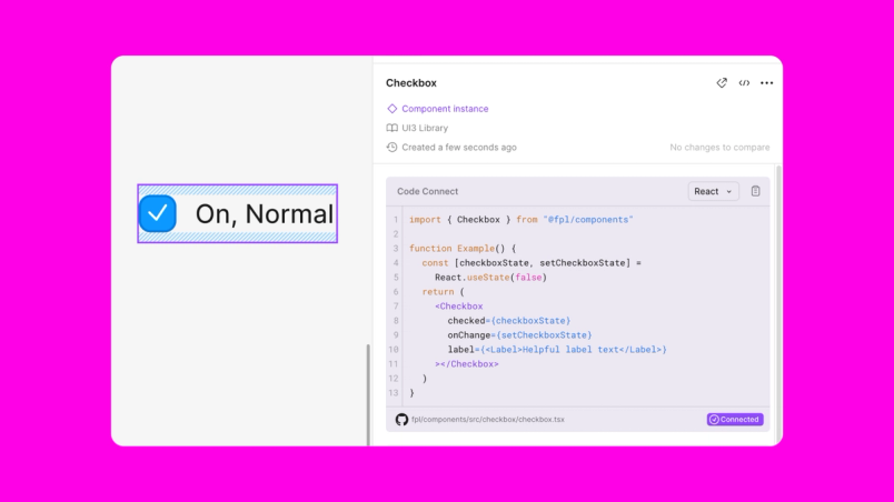 A Figma interface displaying a checkbox component labeled “On, Normal,” outlined in blue with a checkmark. To the right, there is a “Code Connect” section showing a snippet of React code for rendering a checkbox. The code imports the Checkbox component, sets up a checkboxState using React.useState(false), and returns the Checkbox element with checked and onChange properties, as well as a label reading “Helpful label text.”