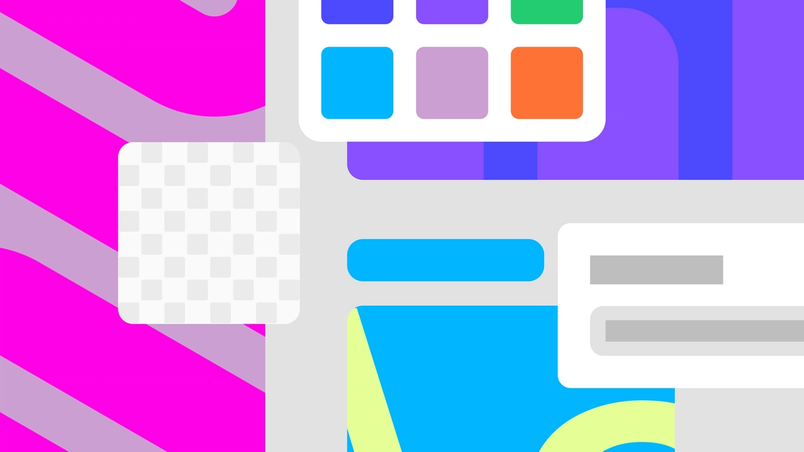 Colorful, abstract image showing layered pieces of UI, including text and image fields