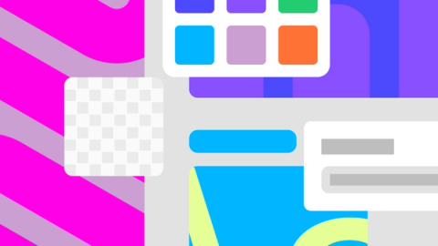Colorful, abstract image showing layered pieces of UI, including text and image fields