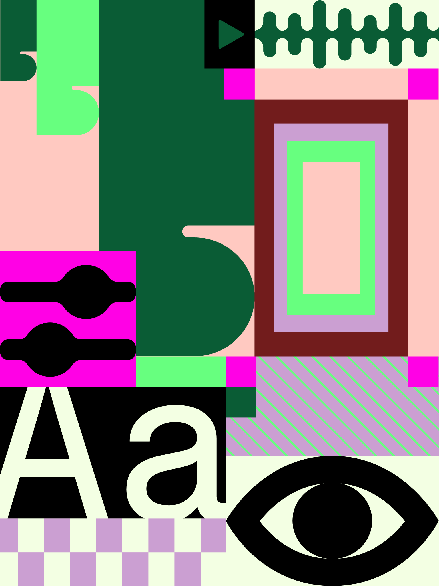 Abstract geometric collage featuring bright shapes, letters, and an eye symbol in pink, green, black, and cream tones.