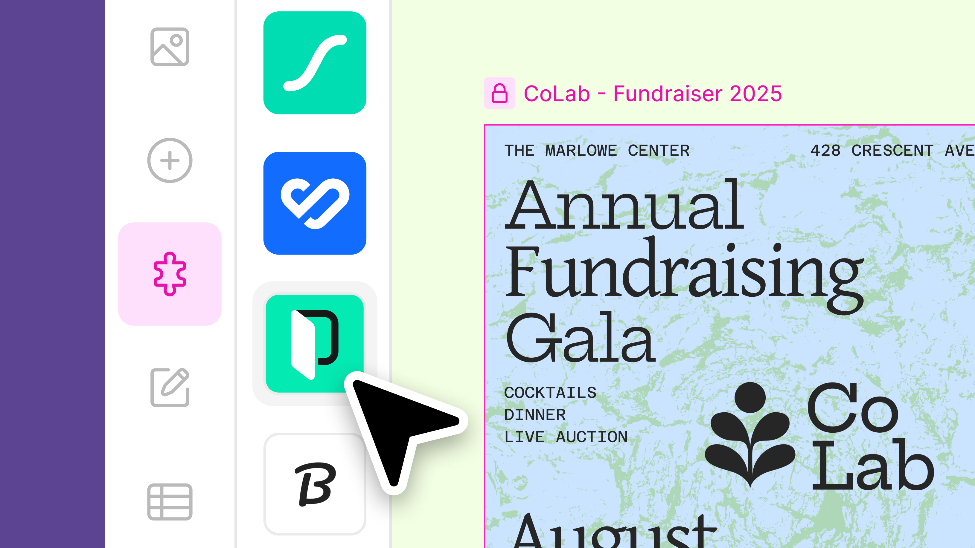 Product UI showing a cursor clicking on a plugin in the left hand panel.