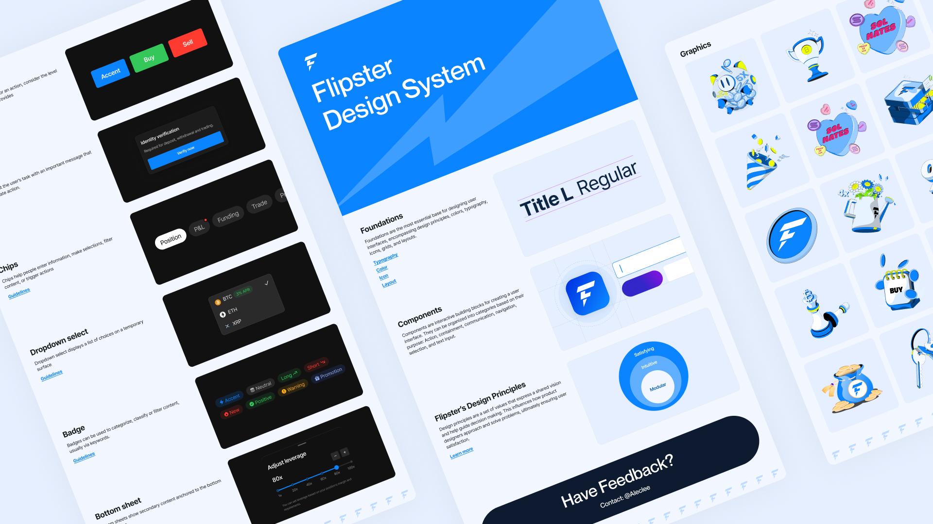 three screens of various components within flipster design system