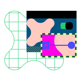 Representación gráfica de formas y símbolos relacionados con el desarrollo, incluida la opción de alternancia de Dev Mode, fragmentos de código y espaciado.