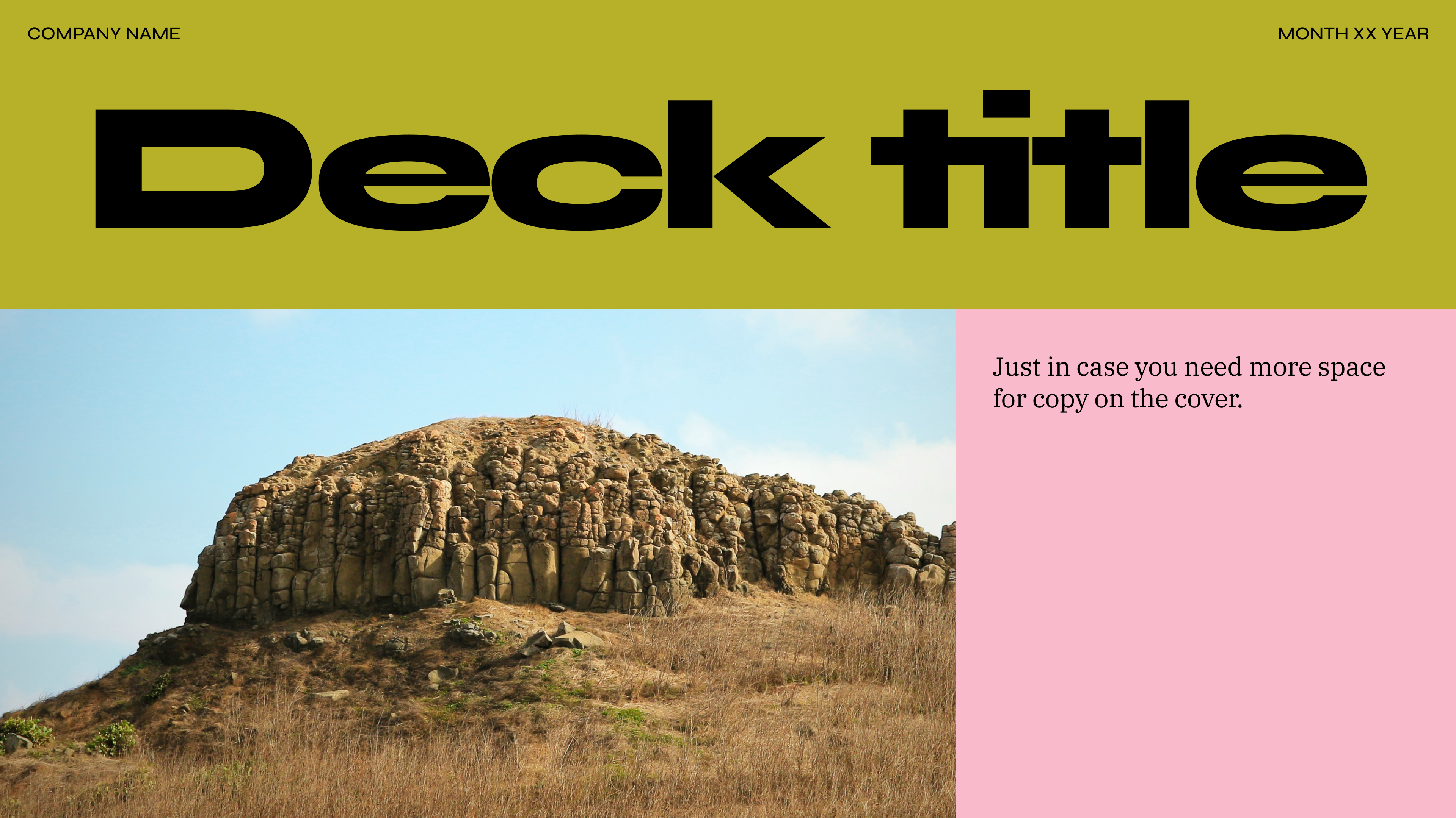 Deck title cover: A presentation slide with a yellow-green header displaying "Deck title" in large black text. Below is an image of a rocky hill, with a pink section on the right containing placeholder text.
