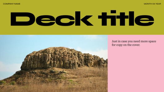Deck title cover: A presentation slide with a yellow-green header displaying "Deck title" in large black text. Below is an image of a rocky hill, with a pink section on the right containing placeholder text.