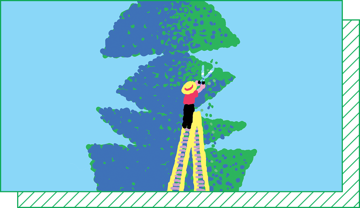 Illustration of a gardener on a ladder trimming a hedge