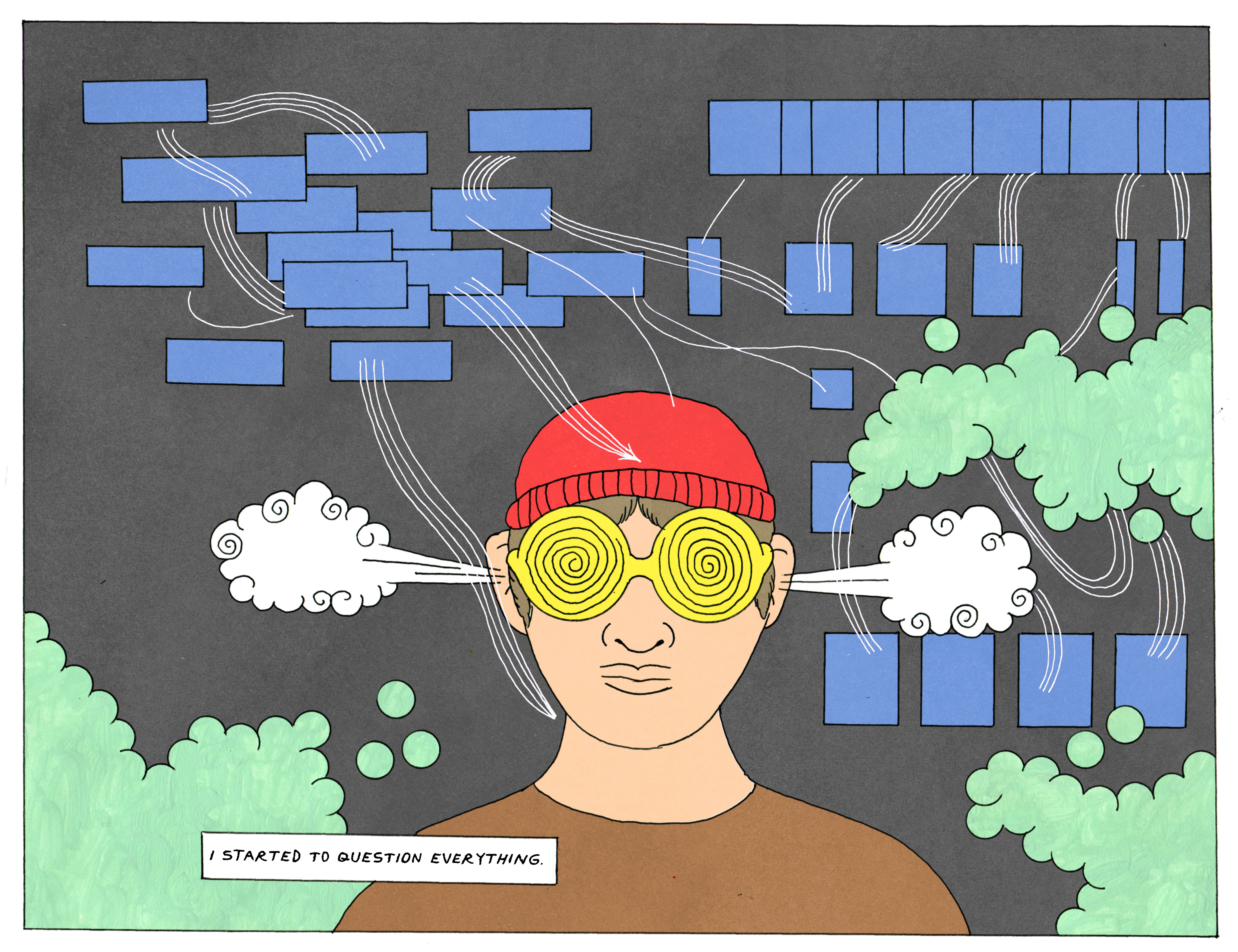 The designer gazes ahead with swirling, overwhelmed eyes as ideas and questions swirl around them.