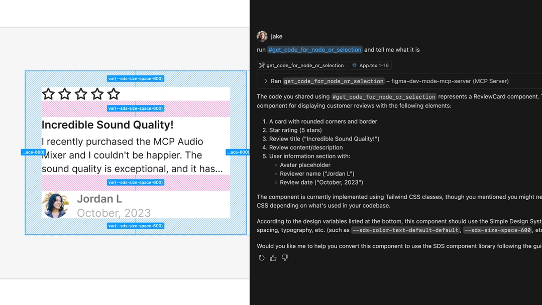 A screenshot of a user review card ui selected in Figma with Copilot output next to it describing the UI accurately as well as some actions it can take next.