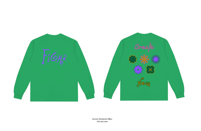 Bright green long sleeve shirt with playful purple “Figma” text on front, and back featuring “Create New” with colorful flower graphics.