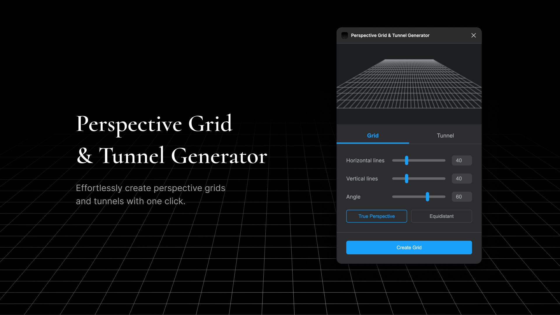 A dark interface showing a perspective grid extending into the distance. The tool interface allows adjustments to grid lines, angles, and tunnel settings, with options for "True Perspective" and "Create Grid."