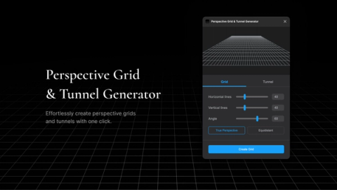 A dark interface showing a perspective grid extending into the distance. The tool interface allows adjustments to grid lines, angles, and tunnel settings, with options for "True Perspective" and "Create Grid."