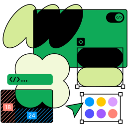 Graphic representation of development-related shapes and symbols, including the Dev Mode toggle, code snippets, and spacing.