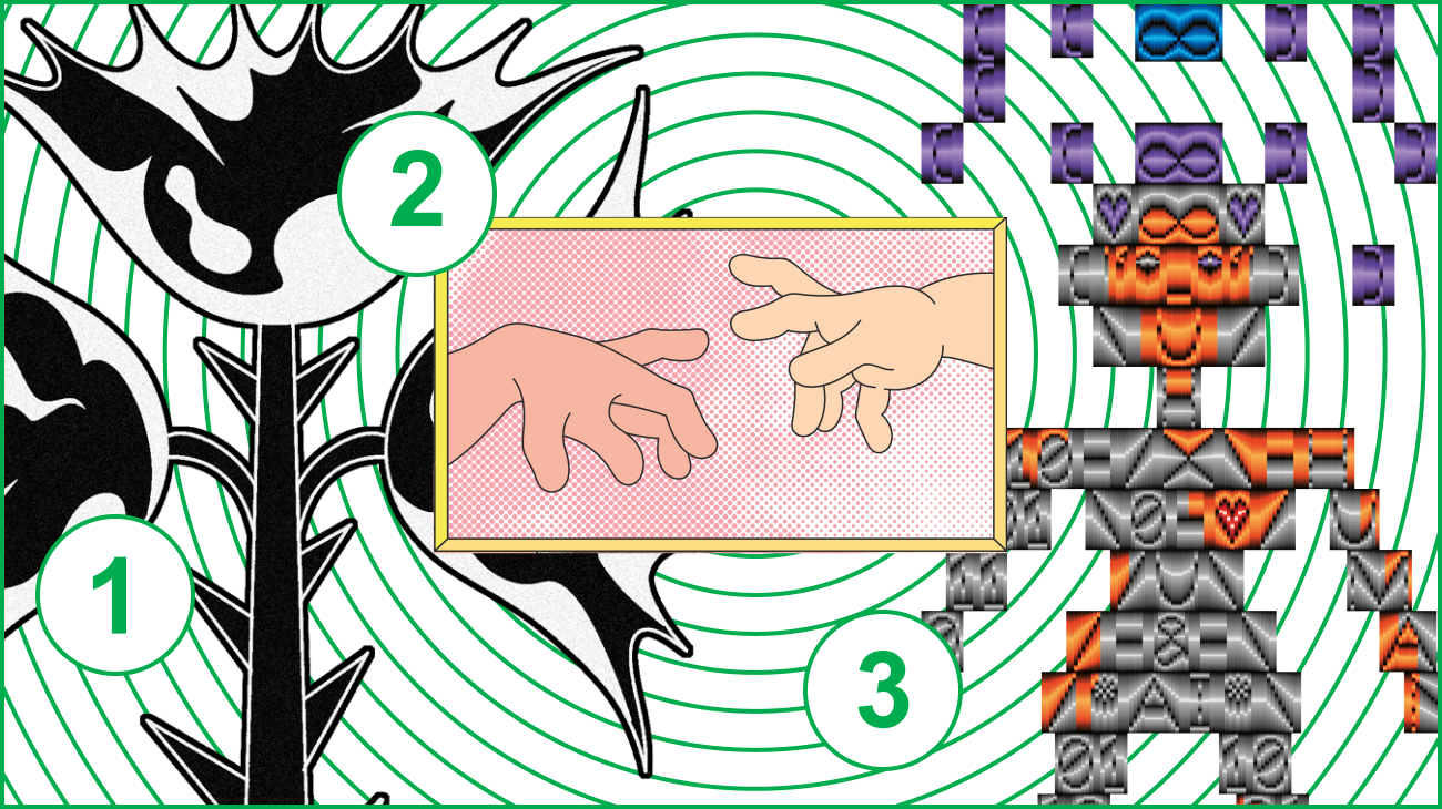 A collage shows 1) a black and white illustration of a flower, 2) an illustration of two hands reaching for each other, one of which has six fingers, and 3) an pixelated illustration of a smiling robot