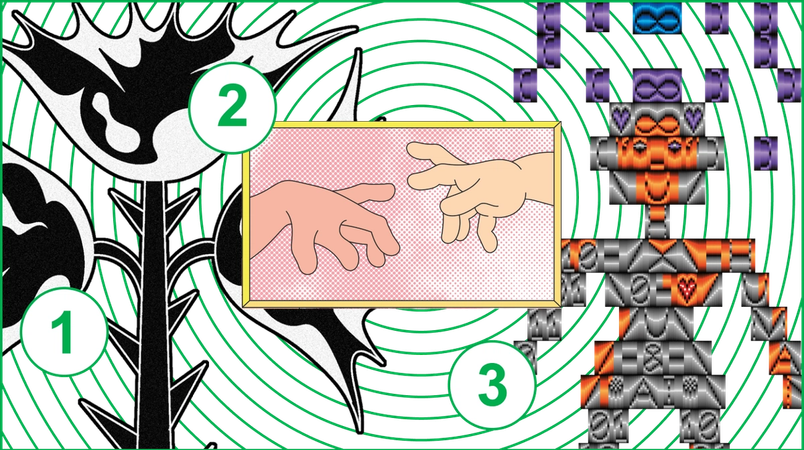 A collage shows 1) a black and white illustration of a flower, 2) an illustration of two hands reaching for each other, one of which has six fingers, and 3) an pixelated illustration of a smiling robot