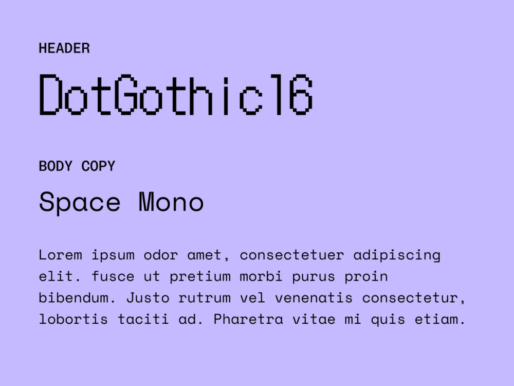 Example text showing DotGothic16 and Space Mono as a font pairing.
