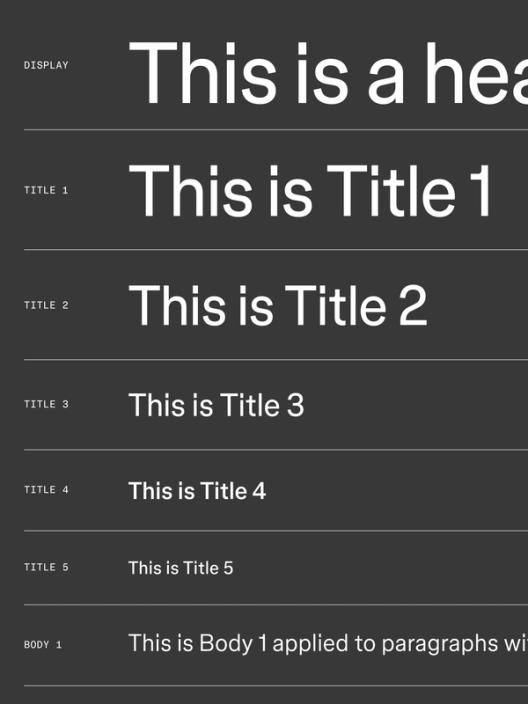 A dark background with various text styles, including "Display," "Title 1" through "Title 5," and "Body 1," each shown in different font sizes and weights to demonstrate a typographic hierarchy.