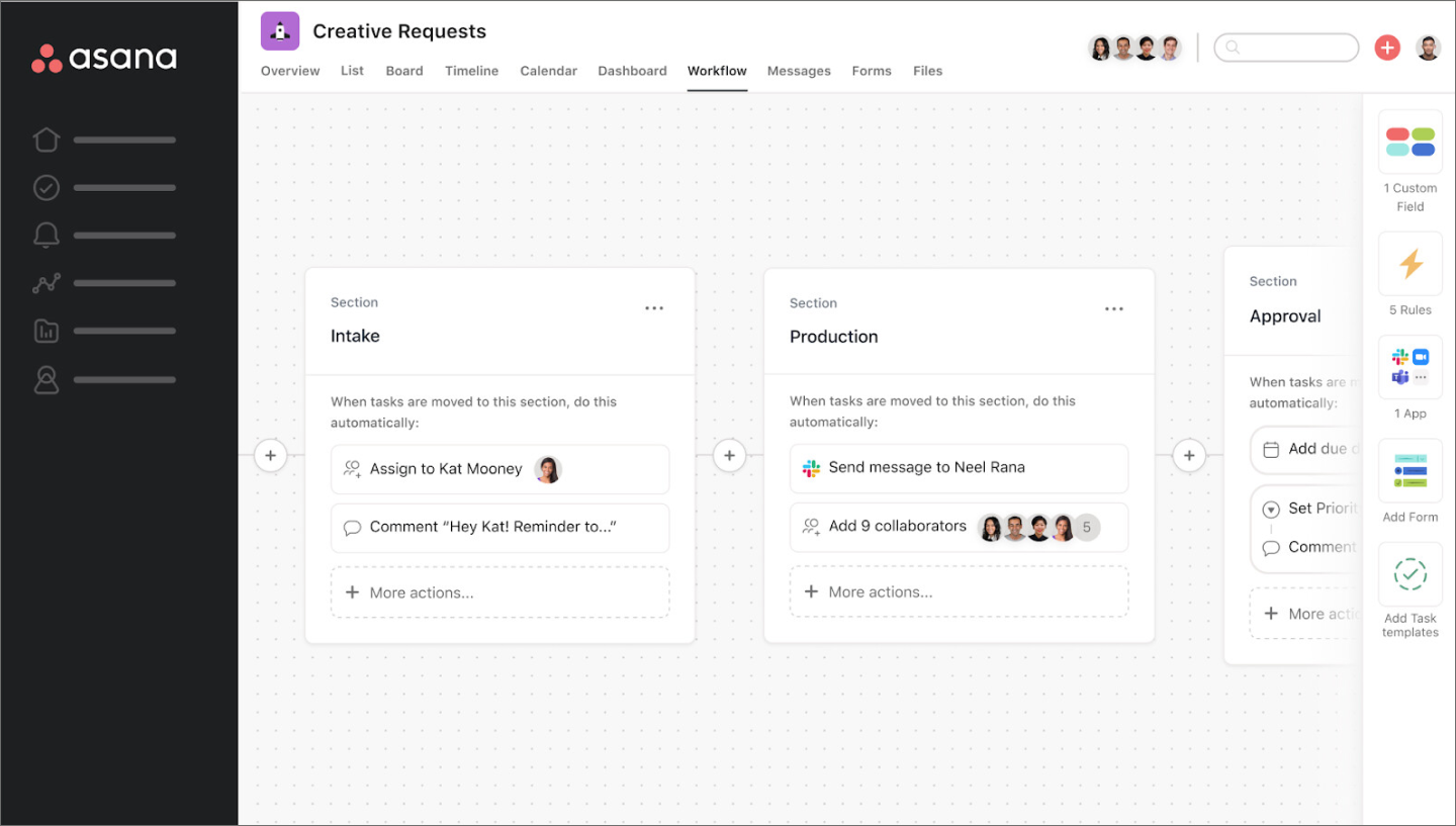 Asana’s website, showing the product interface for workflow design