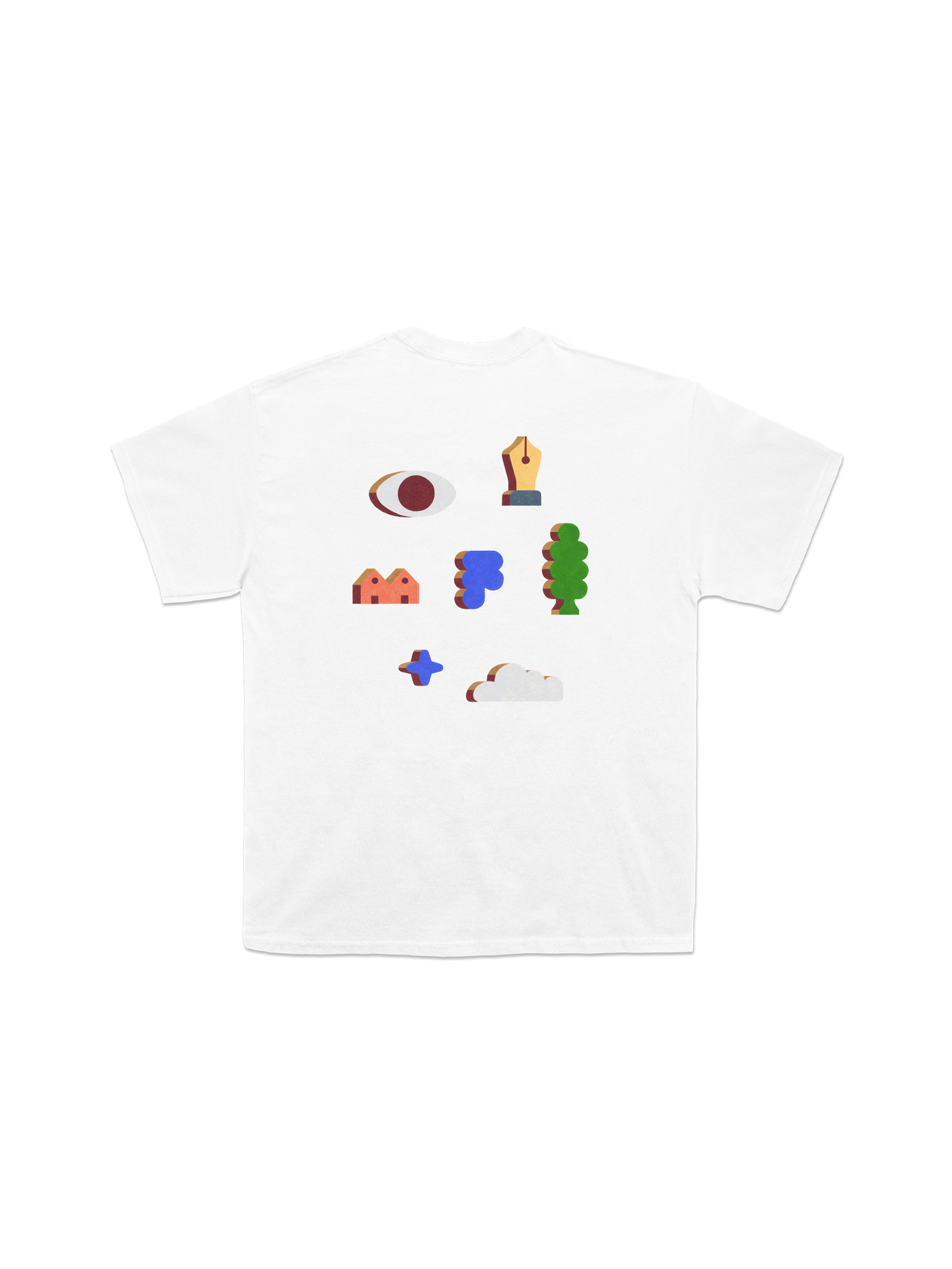 Hand-painted icons including an eye, pen nib, house, cloud shape, tree, star, and cloud scattered across the back of a white t-shirt