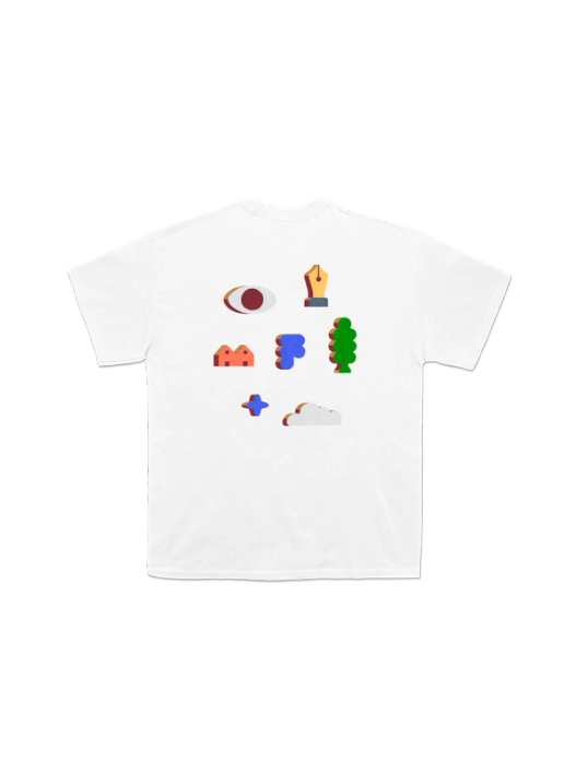 Hand-painted icons including an eye, pen nib, house, cloud shape, tree, star, and cloud scattered across the back of a white t-shirt