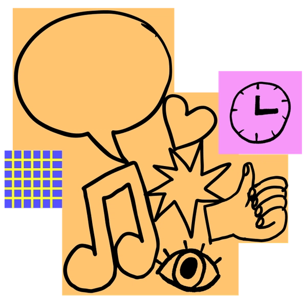 A large group of orange stickies with a hand-drawn speech bubble, heart, and other shapes