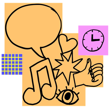 손으로 그린 말풍선, 하트 및 기타 도형이 있는 큰 주황색 스티커 그룹