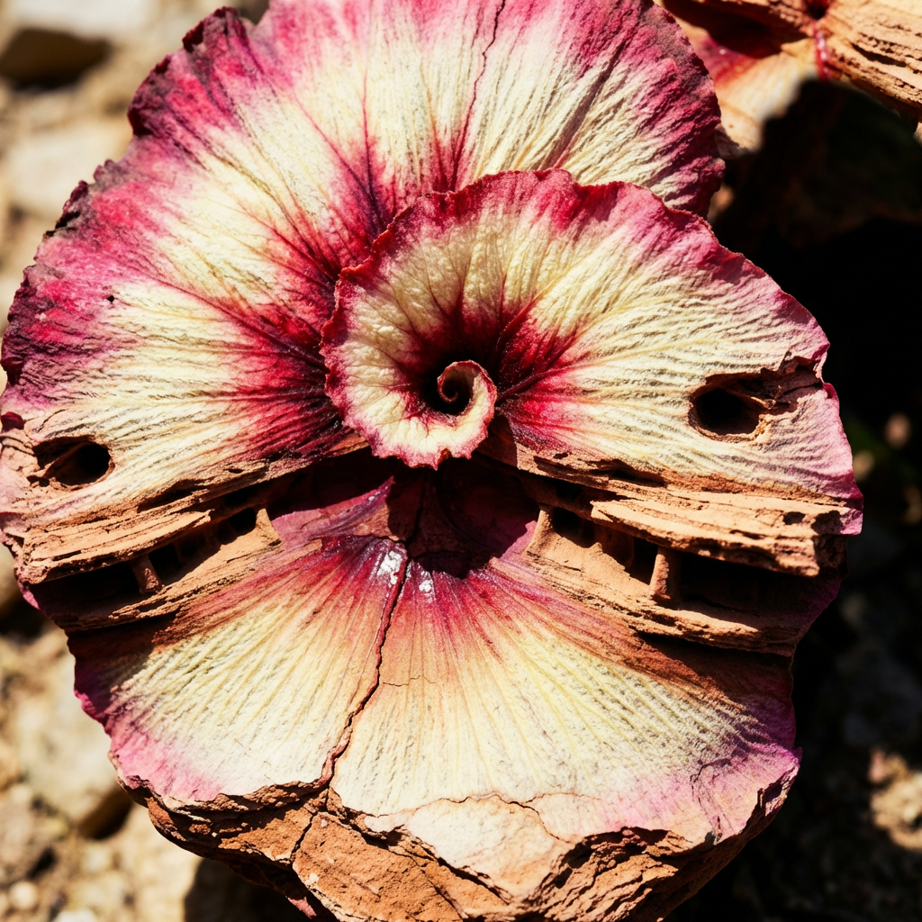 An AI-generated image combining a hibiscus flower and rock face, showing a circular flower form with petal veins and a spiraling center fused with layered sandstone textures in deep pink and cream tones.