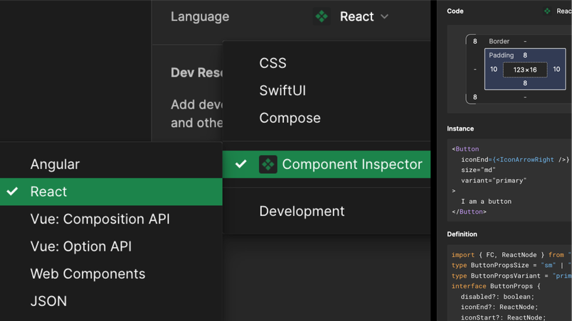 Drop down menus showing "React" and "Component Inspector" selected, to the left of a code block.