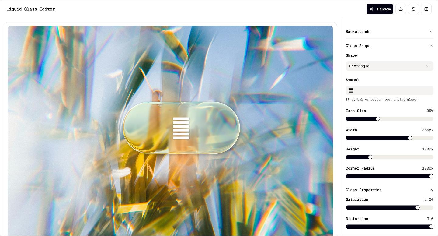 Screenshot of a liquid glass material editor made using Figma Make.