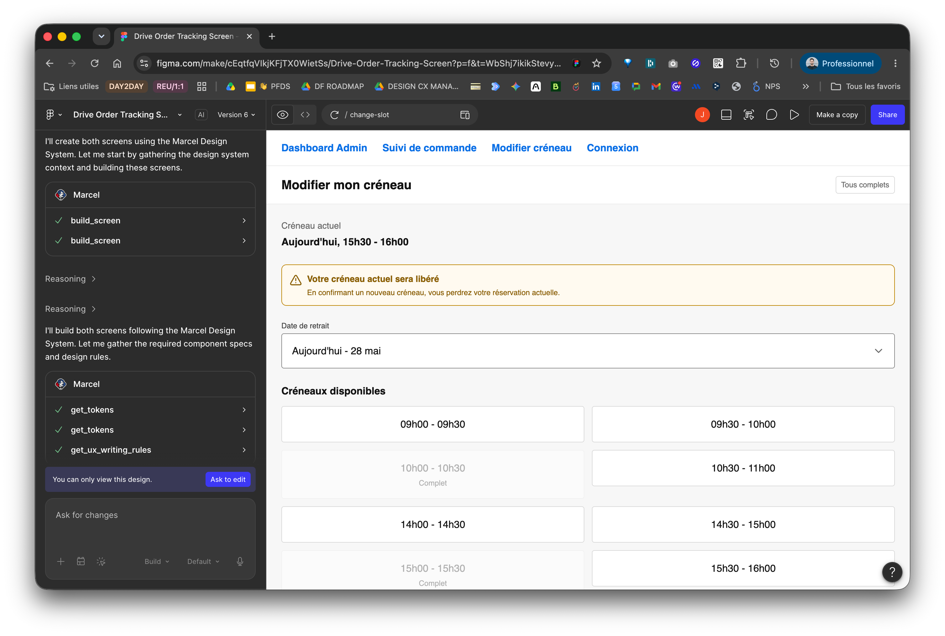 Screenshot of Figma Make. The left side of the screen, in dark gray, shows the tool’s dialog interface; the right side, in white and light gray, shows the result: an appointment-editing interface that allows Carrefour customers to select time slots.