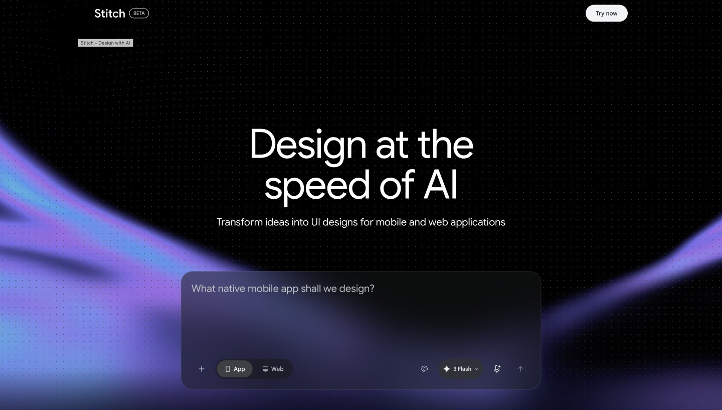 Homepage for Stitch, an AI prototyping tool.