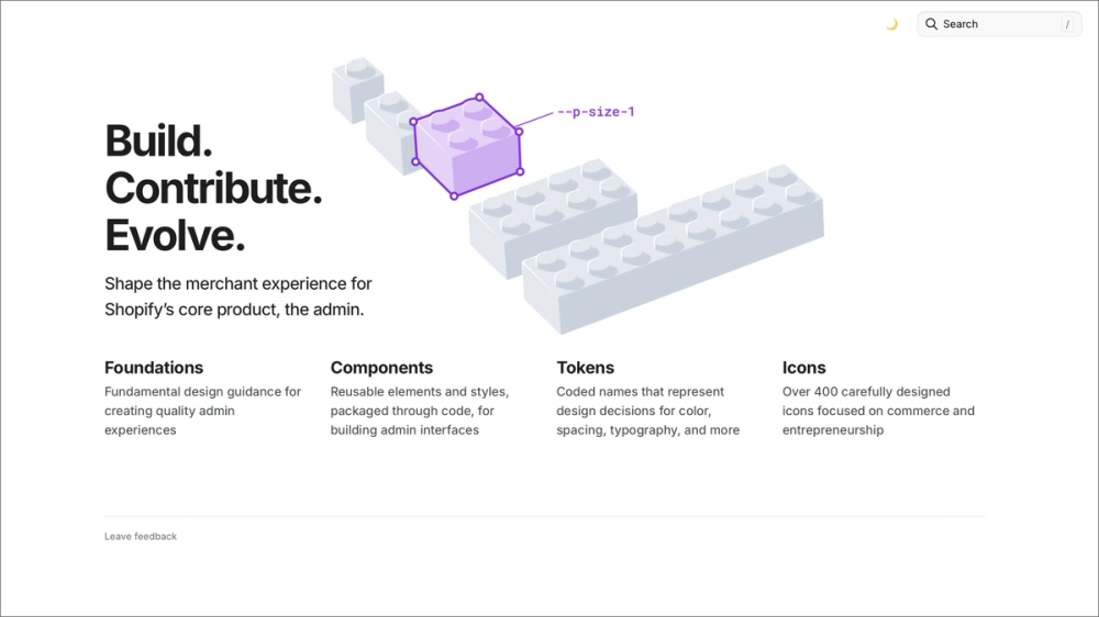 A screenshot of the Shopify Polaris Design System homepage.