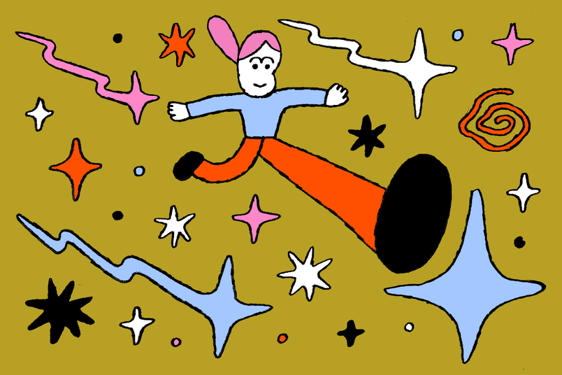 An illustration showing a person striding through star-like shapes