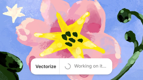 Close-up of a hand-drawn flower illustration in Figma with the Vectorize action running, showing a “Working on it…” progress indicator.