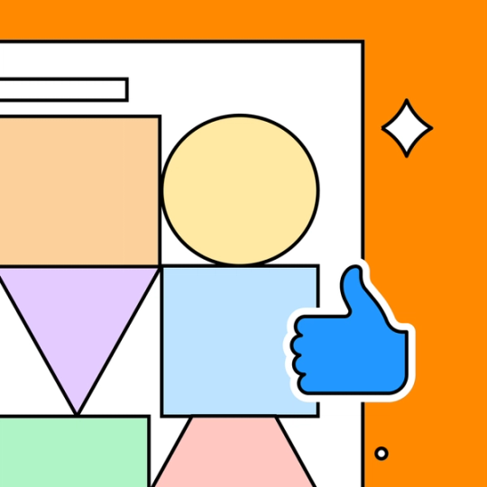 stacked colorful shapes with a blue thumbs up emoji