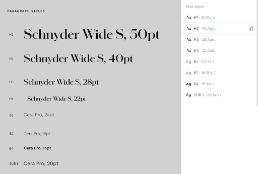 Text system where paragraph fonts and font sizes are shown