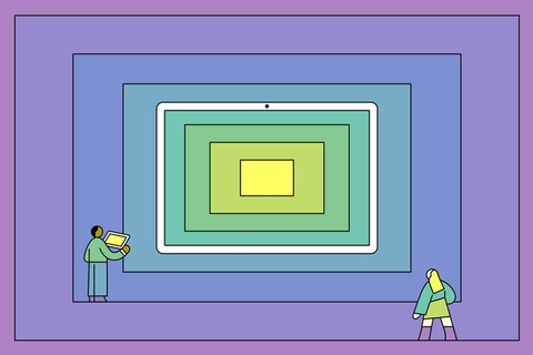 An illustration featuring two individuals within a gallery-like setting, where concentric frames resembling digital devices such as a tablet are displayed on the wall. The innermost frame glows in a bright yellow, catching the attention of the figure on the left who is studying it with a tablet in hand, while the second figure walks past.