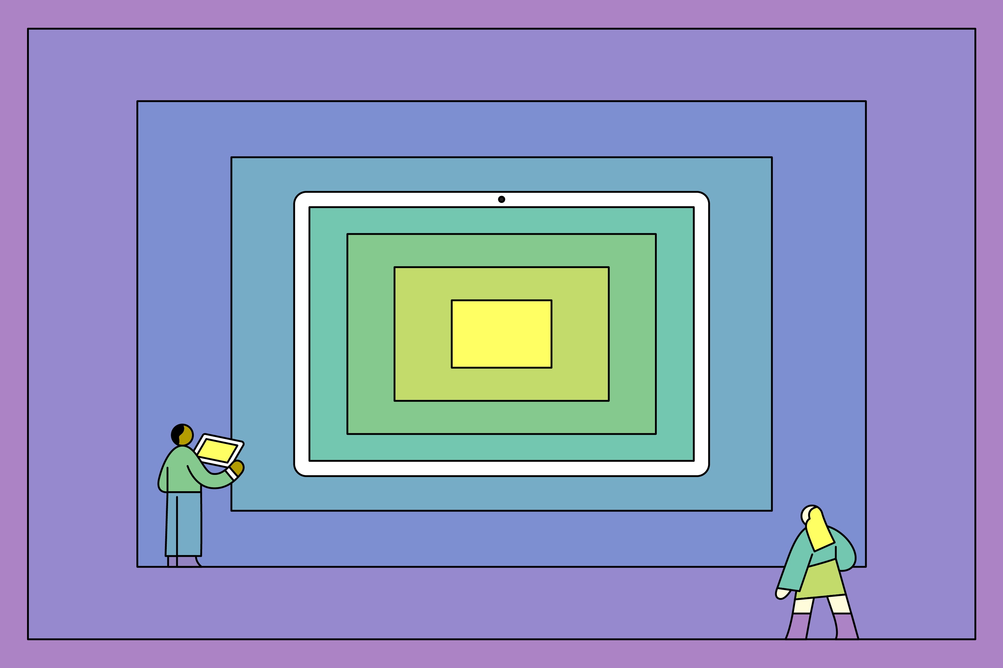 An illustration featuring two individuals within a gallery-like setting, where concentric frames resembling digital devices such as a tablet are displayed on the wall. The innermost frame glows in a bright yellow, catching the attention of the figure on the left who is studying it with a tablet in hand, while the second figure walks past.