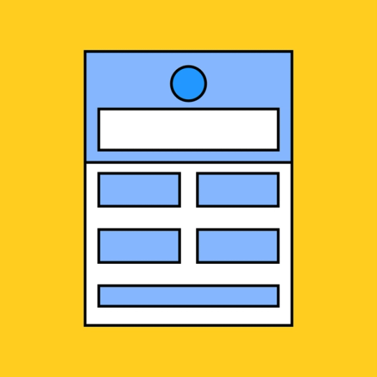 blue and white document with six text boxes overlayed on a yellow background