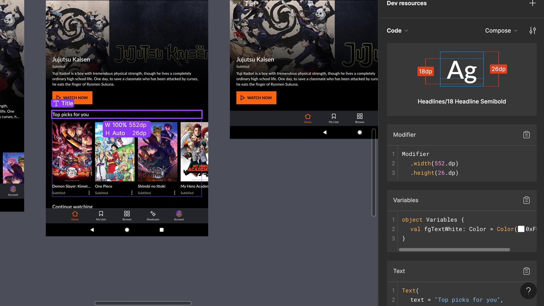 dev mode panel with code gen