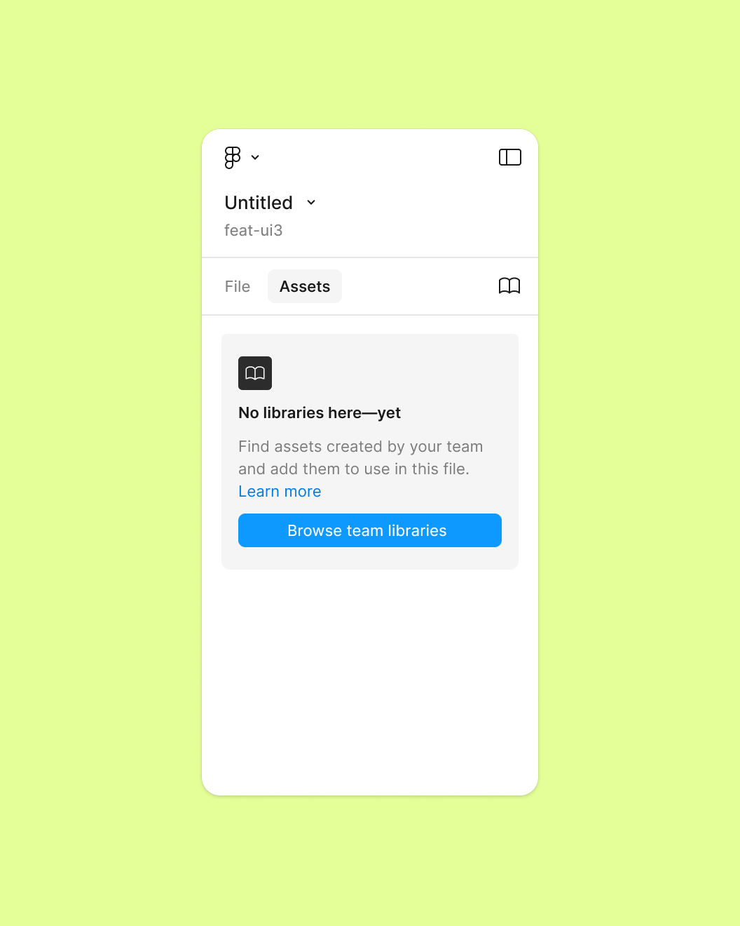 Figma's Assets panel displaying the design state used as the Code Connect example, with no team libraries available.