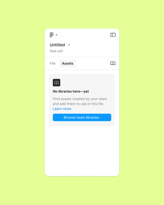 Figma's Assets panel displaying the design state used as the Code Connect example, with no team libraries available.
