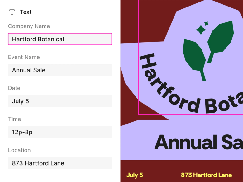 text field selected for company name reflected in design