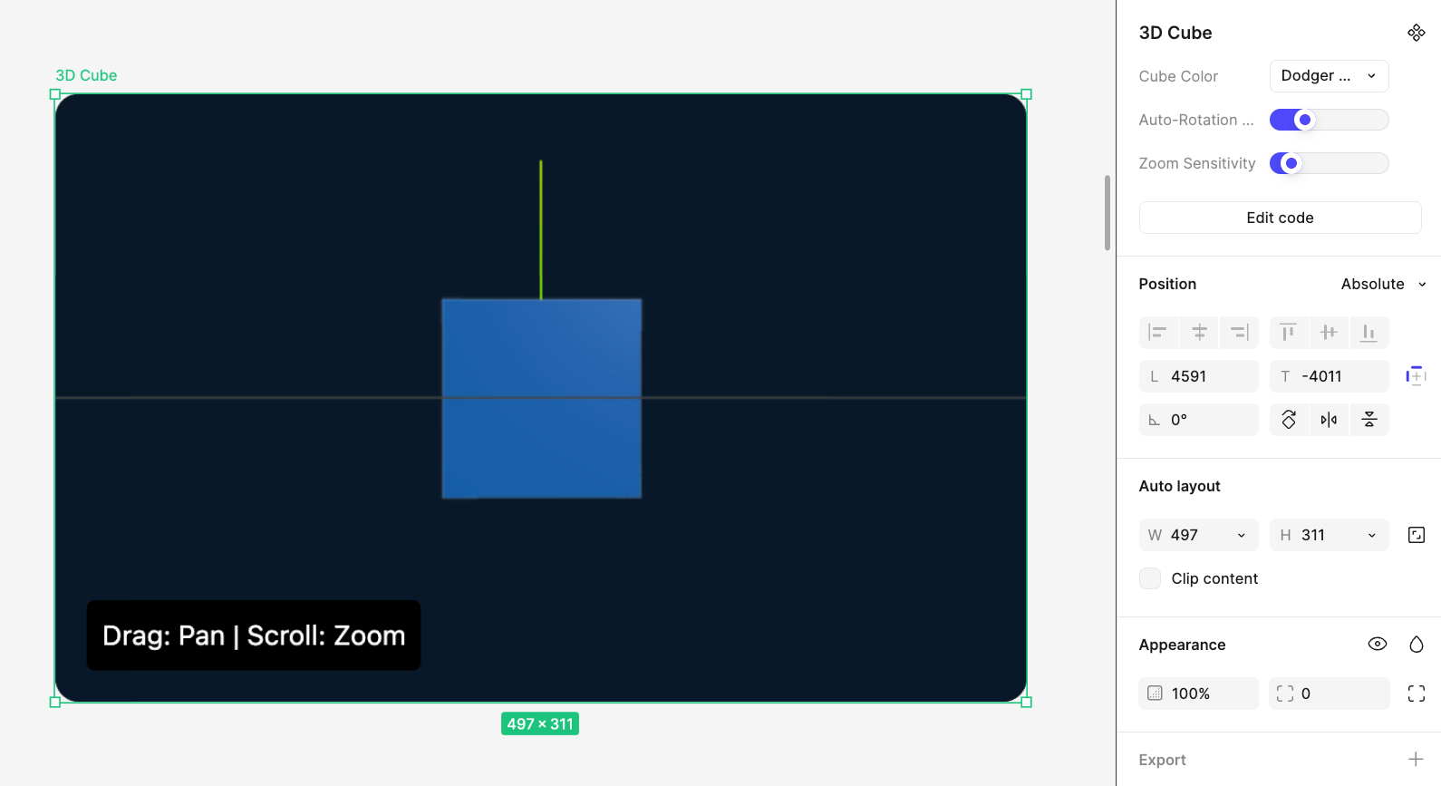 A 3D cube UI component with auto-rotation and zoom sensitivity enabled, shown in a dark preview panel with interaction instructions.