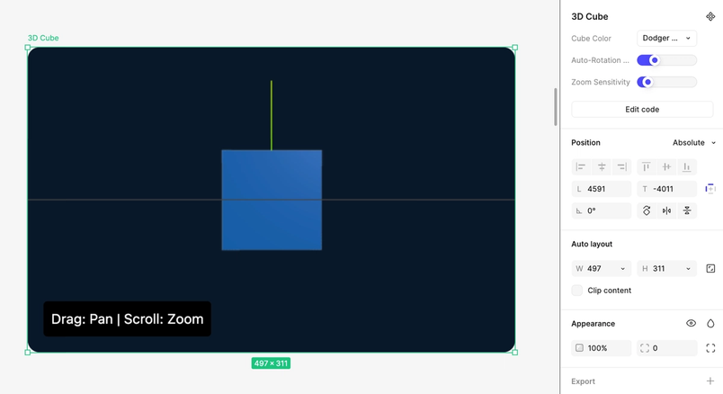 A 3D cube UI component with auto-rotation and zoom sensitivity enabled, shown in a dark preview panel with interaction instructions.
