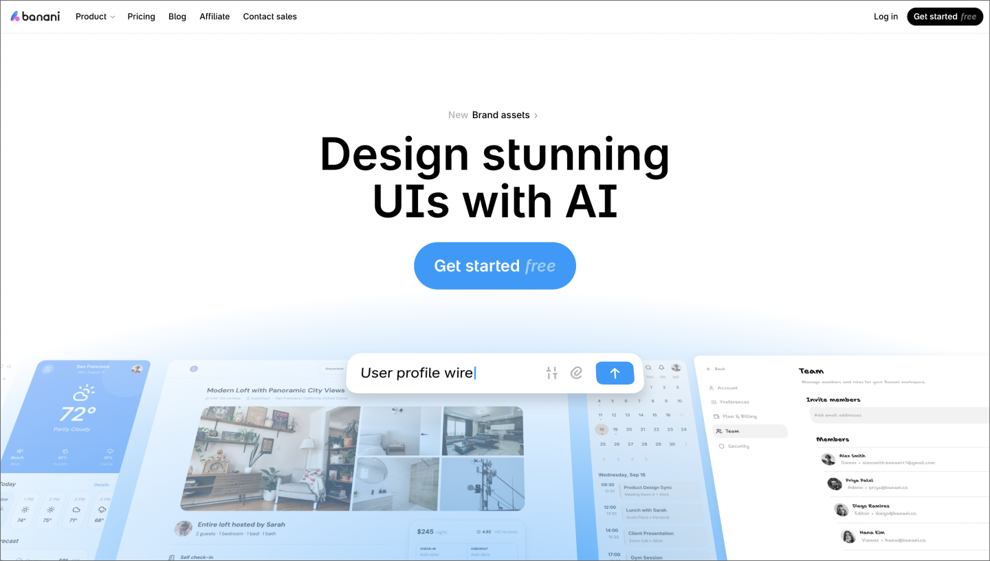 Homepage for Banani, an AI prototyping tool.