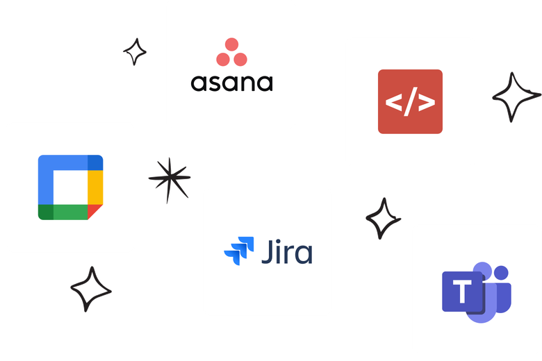 Logos de Jira, d'Asana, de Google Cal et d'autres intégrations, entourés d'étoiles dessinées à la main