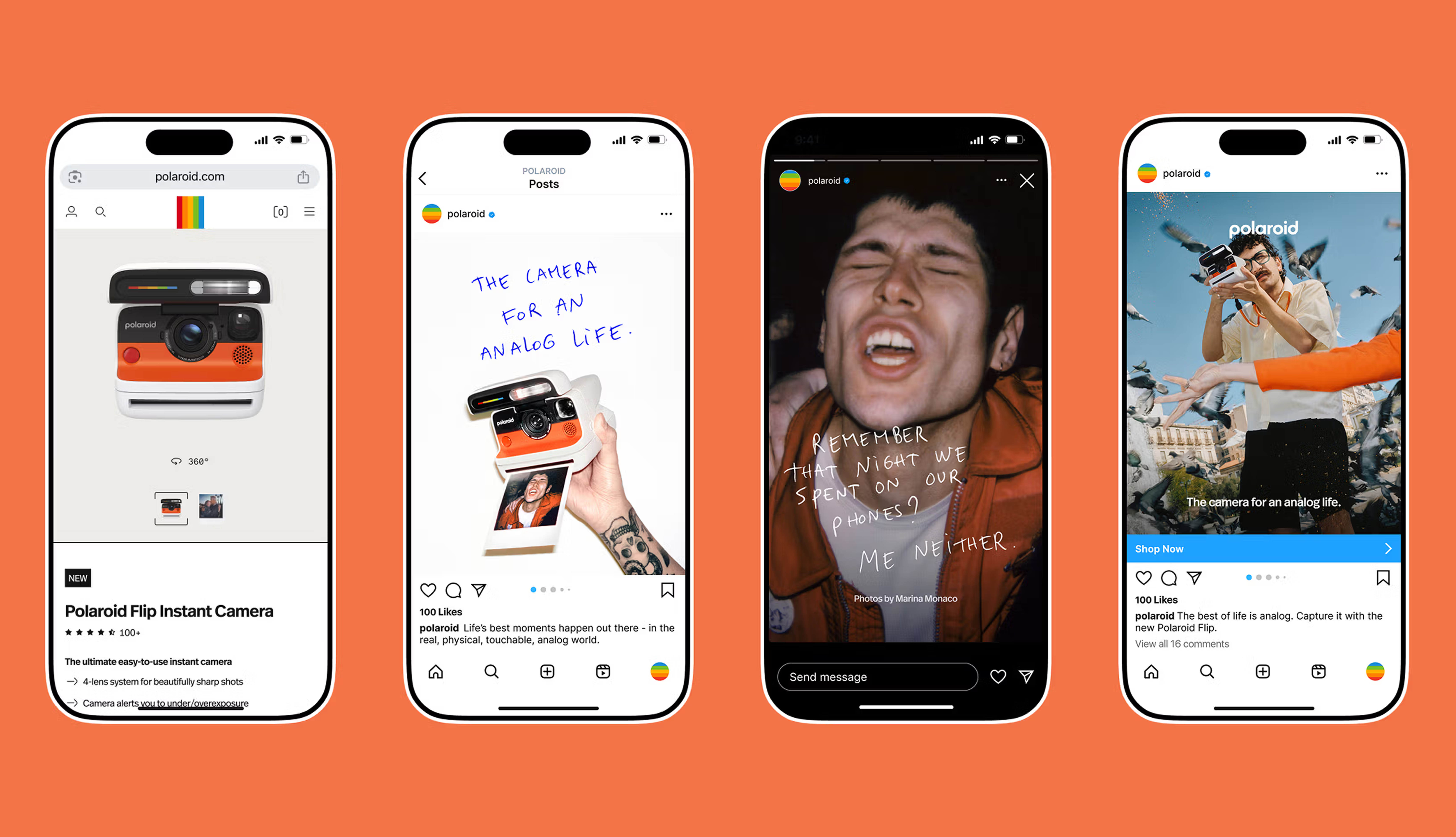 Four smartphone screens show Polaroid’s website and Instagram ads promoting the Polaroid Flip instant camera.