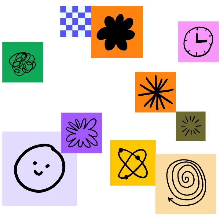 Stickies of various colors and sizes arranged artfully, featuring hand-drawn icons and patterns