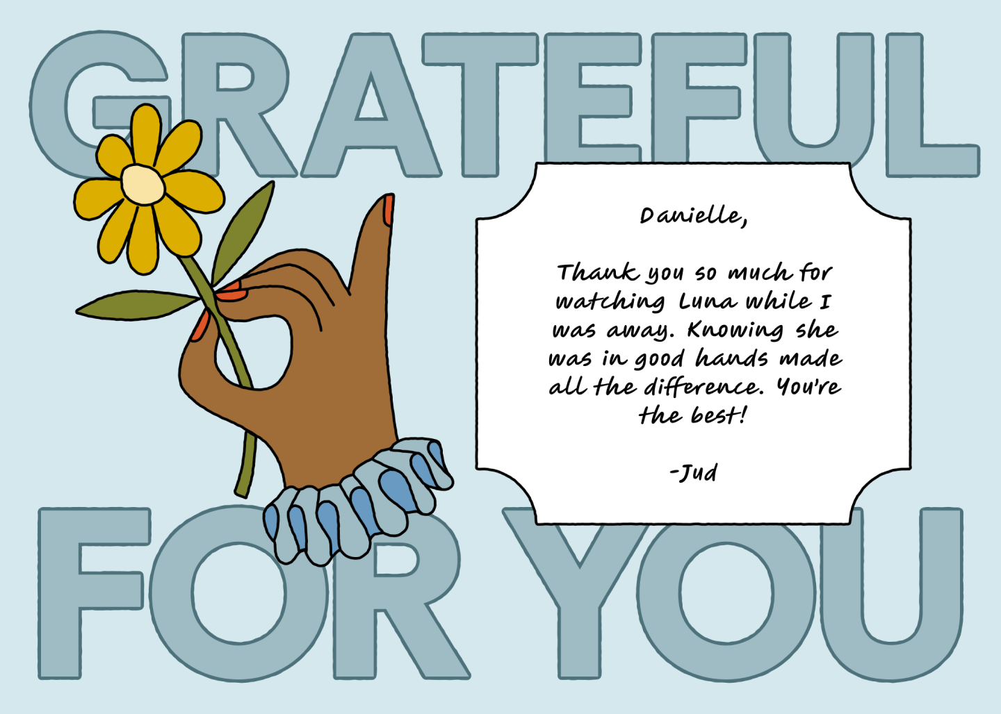 Screenshot of a illustrated gratitude thank you card template.