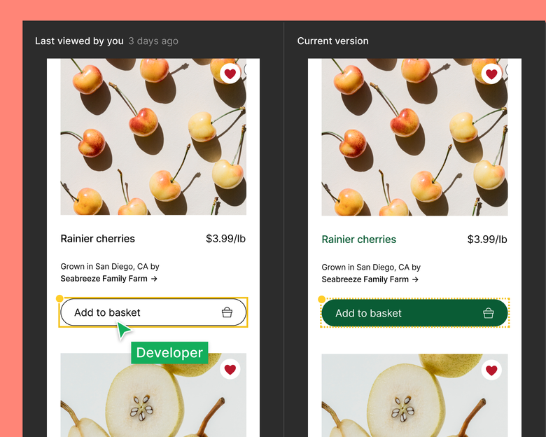 A developer comparing the current and previous versions of an “Add to Basket” button component on an e-commerce product landing page.